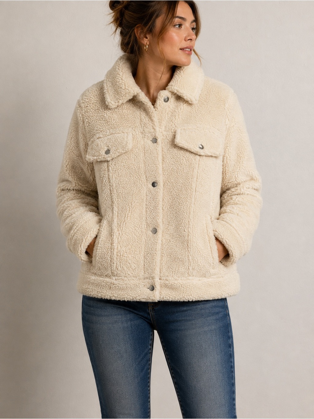 GAP Icon Sherpa Trucker Jacket Ivory Cream Teddy Faux Fuzzy - Size Large